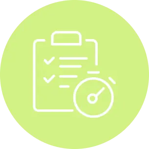 Icon of a checklist with a stopwatch on a light green circle background.