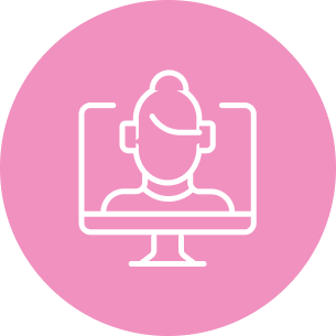 Illustration of a woman on a computer screen with headset on a pink background.
