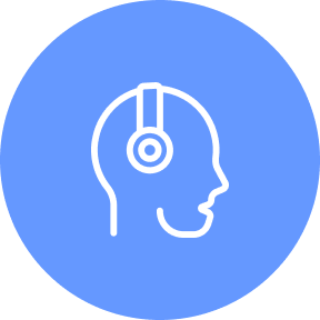 Icon of a human head wearing a headset on a blue circle background.