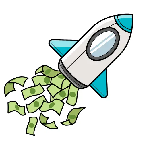 Rocket launching with money flying out.